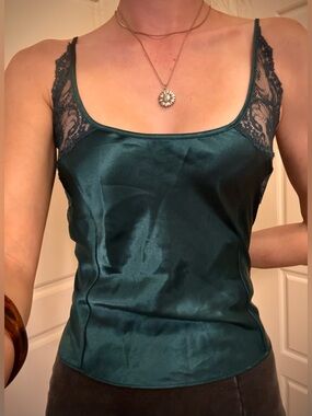 Y2K Vintage Victorias Secret Lace Satin Dark Green Tank Top Cami L